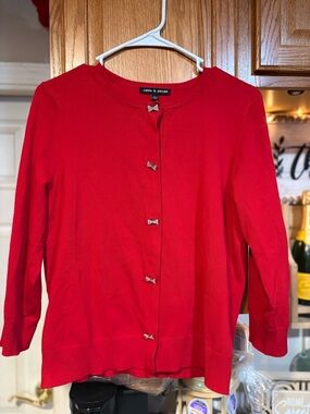 Cable & Gauge Red Cardigan with Rhinestone Bow Buttons